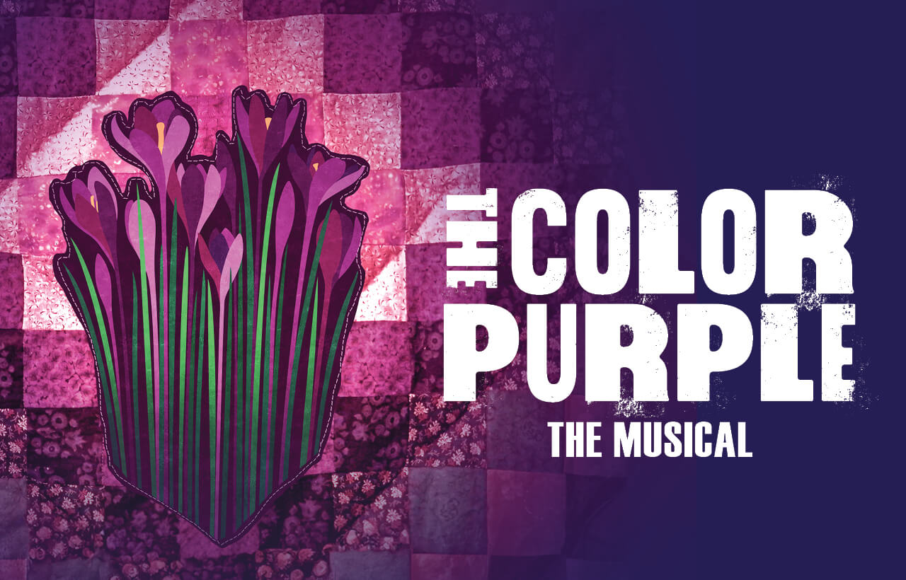 Purple flowers with vivid green stems appear to be cut from fabric and stitched down on a quilt-like pattern in varied shades of purple.