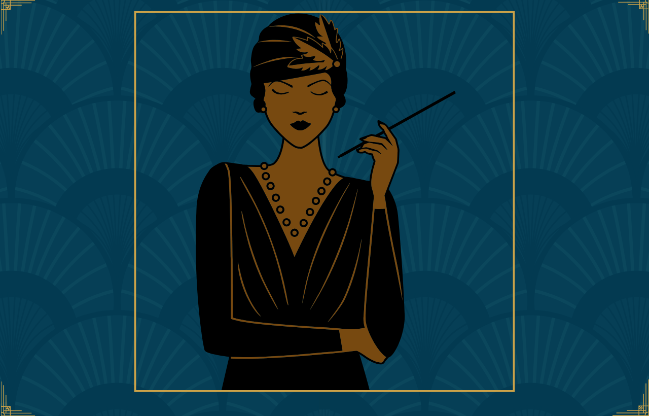Art Deco-style illustration featuring a person in a black dress with a pearl necklace, holding a long cigarette holder, against a backdrop of a blue patterned design with gold geometric accents