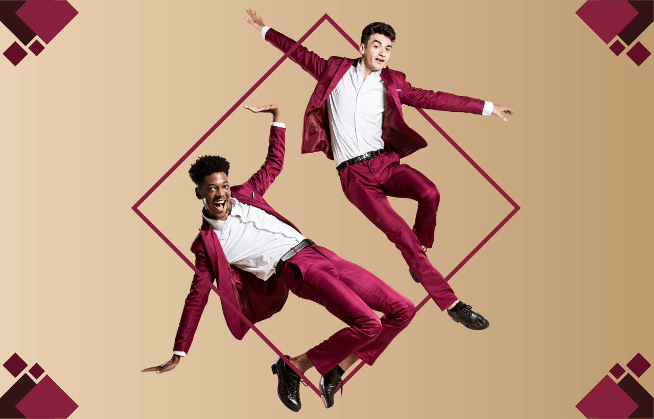 Two dancers wearing matching maroon suits and black tap shoes performing dynamic jumps against a beige background with geometric accents