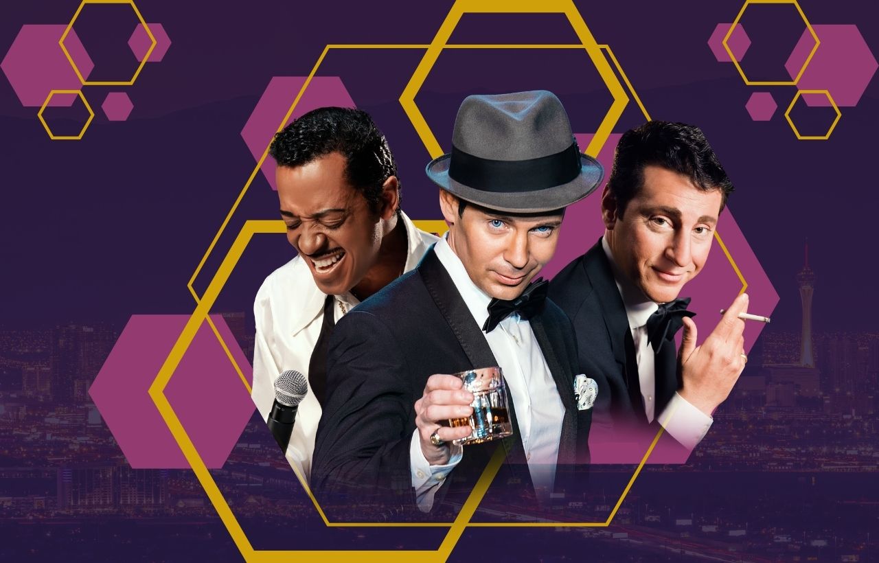 Three people dressed in formal attire, including tuxedos and a fedora, holding a drink and a microphone, with a geometric hexagon design and cityscape background.
