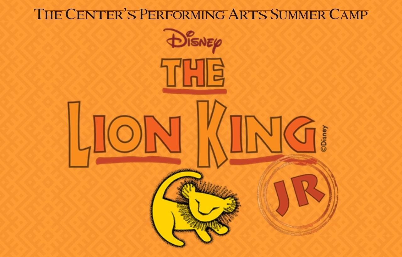Bright orange promotional graphic for Disney’s The Lion King JR, featuring stylized tribal patterns and a simple yellow illustration of a young lion with a mane, smiling and walking. The title text appears prominently in bold, decorative lettering.